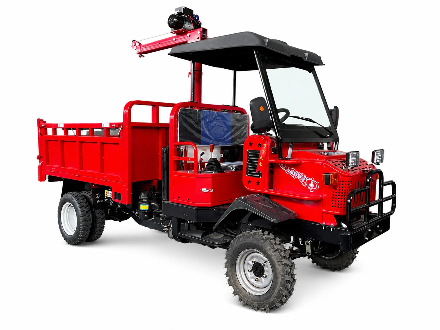 Red four-wheel-drive farm utility vehicle with cargo bed and compact lifting crane